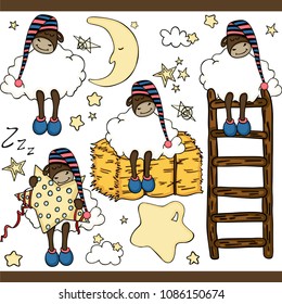 Cute sheep sleeping set digital elements
