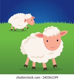 Cute sheep smiling. Cute little lamb on green grass.