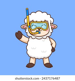 Cute Sheep Snorkeling Cartoon Vector Icon Illustration. Animal Sport Icon Concept Isolated Premium Vector. Flat Cartoon Style