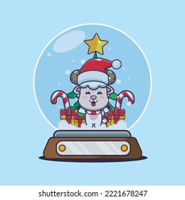 Cute sheep in snow globe. Cute christmas cartoon illustration.