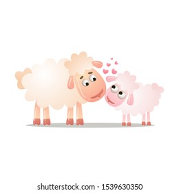Cute sheep is standing with a baby. Vector illustration isolated on white background