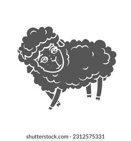 Cute sheep standing glyph icon vector illustration. Stamp of adorable lamb looking back, furry domestic baby animal for counting during insomnia, happy sheep character to help fall asleep in bed