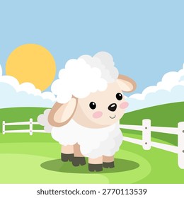 Cute sheep standing on farm with fence hills and sun soft cartoon style