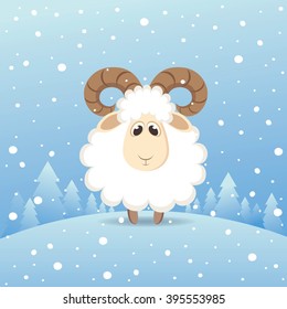 Cute sheep standing in a winter forest. Vector illustration