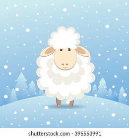 Cute sheep standing in a winter forest. Vector illustration