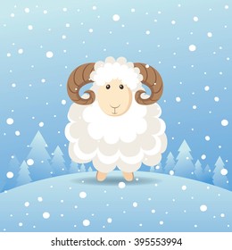Cute sheep standing in a winter forest. Vector illustration