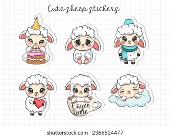 Cute sheep sticker sheet, funny animals in cartoon style. Vector illustration.
