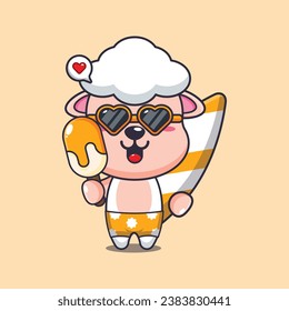 Cute sheep with surfboard holding ice cartoon illustration. Cute summer cartoon illustration. 