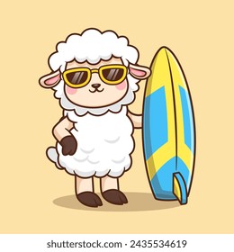 Cute Sheep Surfing Cartoon Vector Icon Illustration. Animal Holiday Icon Concept Isolated Premium Vector. Flat Cartoon Style