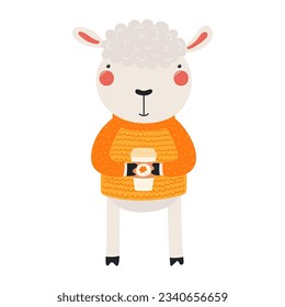 Cute sheep in sweater holding paper coffee cup character illustration. Hand drawn animal, Scandinavian style flat design, isolated vector. Kids autumn, fall print, element, seasonal activity