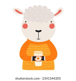 Cute sheep in sweater holding paper coffee cup character illustration. Hand drawn animal, Scandinavian style flat design, isolated vector. Kids autumn, fall print, element, seasonal activity
