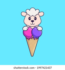 Cute sheep with sweet ice cream. Animal cartoon concept isolated. Can used for t-shirt, greeting card, invitation card or mascot.