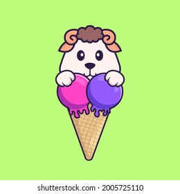 Cute sheep with sweet ice cream. Animal cartoon concept isolated. Can used for t-shirt, greeting card, invitation card or mascot.