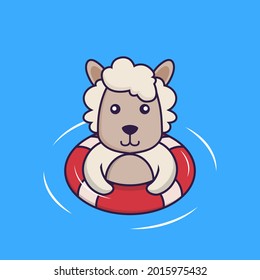 Cute sheep is Swimming with a buoy.