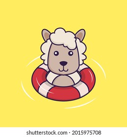 Cute sheep is Swimming with a buoy.