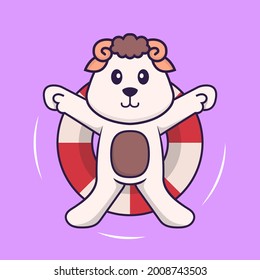 Cute sheep is Swimming with a buoy. Animal cartoon concept isolated. Can used for t-shirt, greeting card, invitation card or mascot.