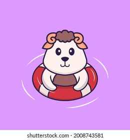 Cute sheep is Swimming with a buoy. Animal cartoon concept isolated. Can used for t-shirt, greeting card, invitation card or mascot.
