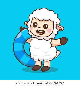 Cute Sheep Swimming With Tires Cartoon Vector Icon Illustration. Animal Holiday Icon Concept Isolated Premium Vector. Flat Cartoon Style