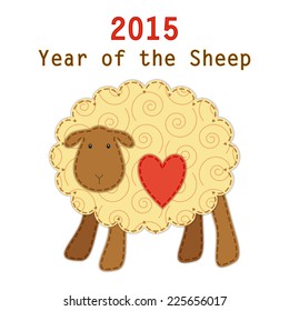 Cute sheep, symbol of the year 2015, as fabric applique in shabby chic style, ideal as retro greeting card