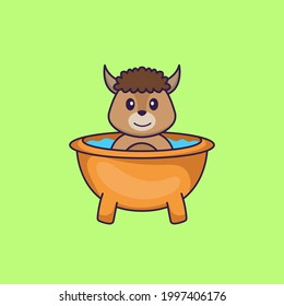Cute sheep taking a bath in the bathtub. Animal cartoon concept isolated. Can used for t-shirt, greeting card, invitation card or mascot.