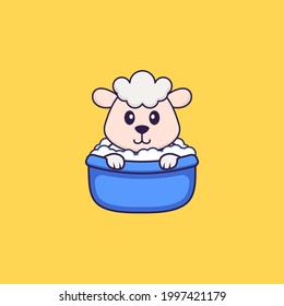 Cute sheep taking a bath in the bathtub. Animal cartoon concept isolated. Can used for t-shirt, greeting card, invitation card or mascot.