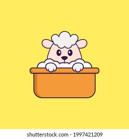 Cortas ovejas bañándose en la bañera. El concepto de caricatura animal aislado. Puede usarse para camisetas, tarjetas de felicitación, tarjetas de invitación o mascota.