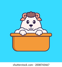 Cute sheep taking a bath in the bathtub. Animal cartoon concept isolated. Can used for t-shirt, greeting card, invitation card or mascot.