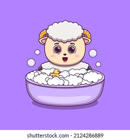 cute sheep taking bath with duck toy and bubbles