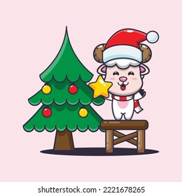 Cute sheep taking star from christmas tree. Cute christmas cartoon illustration. 