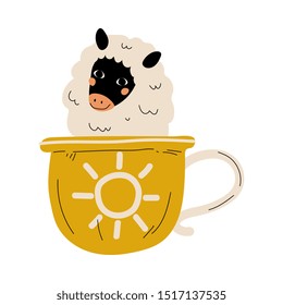 Cute Sheep in Teacup, Adorable Little Lamb Cartoon Animal Character Sitting in Coffee Mug Vector Illustration