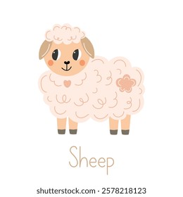 Cute sheep with text isolated on a white background for children's book. Sheep vector illustration.