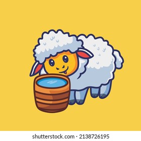 cute sheep thirsty drink on wooden bucket. isolated cartoon animal nature illustration. Flat Style suitable for Sticker Icon Design Premium Logo vector. Mascot Character