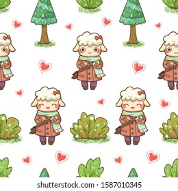 Cute sheep, tree, bush grass and little red heart seamless pattern, kawaii character cartoon, White background, vector illustrations.