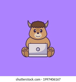 Cute sheep using laptop. Animal cartoon concept isolated. Can used for t-shirt, greeting card, invitation card or mascot.