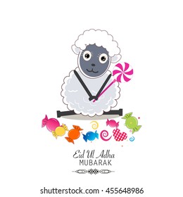 Cute sheep vector illustration. Colorful candies. Islamic Festival of Sacrifice, Eid-Al-Adha celebration greeting card.