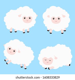 Cute Sheep Vector Illustration Set on Blue