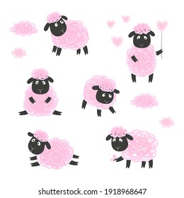 Cute sheep vector illustration. Set of cartoon lambs.