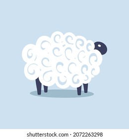Niños portadores de ovejas cortas duermen ilustración de fondo azul. Fondo de la ducha para bebés. Niño dibujando ovejas blancas de estilo plano. Los niños diseñan la tela y la decoración.