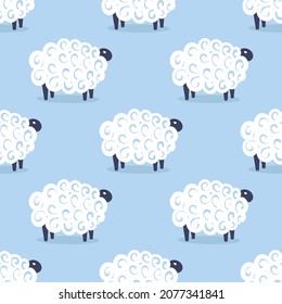 Cute sheep vector seamless pattern kids sweet dreams illustration on blue background. Baby shower background. Child drawing flat style white sheep. Kids design for fabric and decor.