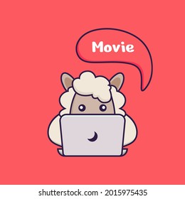 Cute sheep is watching a movie.