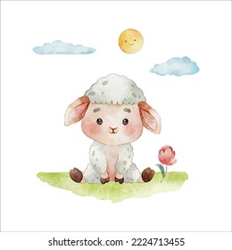 cute sheep watercolor clipart illustration with isolated background