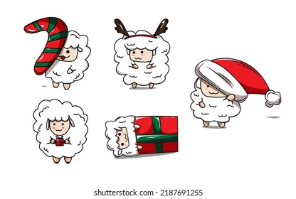 Cute sheep wear Christmas hat vector. Animal wildlife holiday cartoon character set.