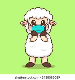 Cute Sheep Wearing Medical Mask Cartoon Vector Icon Illustration. Animal Health Icon Concept Isolated Premium Vector. Flat Cartoon Style