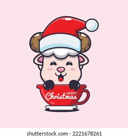Cute sheep wearing santa hat in cup. Cute christmas cartoon illustration. 
