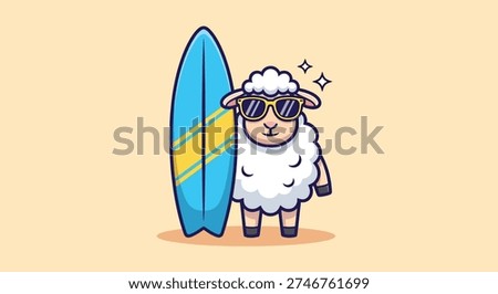 A cute sheep wearing sunglasses is standing next to a surfboard, ready for a fun day at the beach. This cartoon vector illustration captures a playful and sporty animal theme.