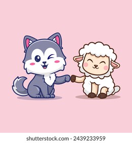 Cute Sheep And Wolf High Five Cartoon Vector Icon Illustration. Animal Nature Icon Concept Isolated Premium Vector. Flat Cartoon Style