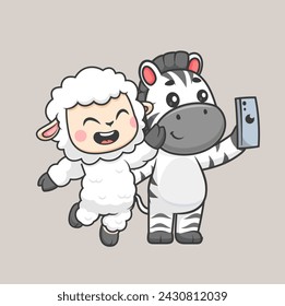 Cute Sheep And Zebra Selfie With Phone Cartoon Vector Icon Illustration. Animal Technology Icon Concept Isolated Premium Vector. Flat Cartoon Style