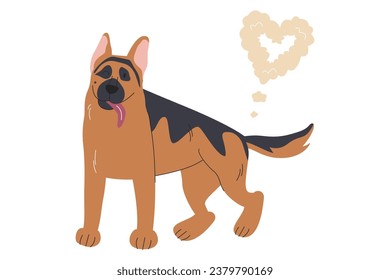 Cute sheepdog with tongue out. Domestic doggy farting in heart shape. European breed puppy. Service protection and emotional support dog. Standing german shepherd hand drawn flat vector illustration