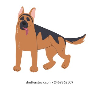 Cute sheepdog with tongue out. Domestic doggie in standing pose. European big breed. Service protection and emotional support dog. Canine character. German shepherd hand drawn flat vector illustration