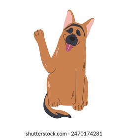 Lindo perro pastor entrenamiento alto cinco comando. Pastor alemán aprendiendo gesto de saludo con la pata. Animal doméstico. Diseño de concepto de mascotas. Cachorro sentado con garra hacia arriba. Perro dibujado a mano Ilustración vectorial plana